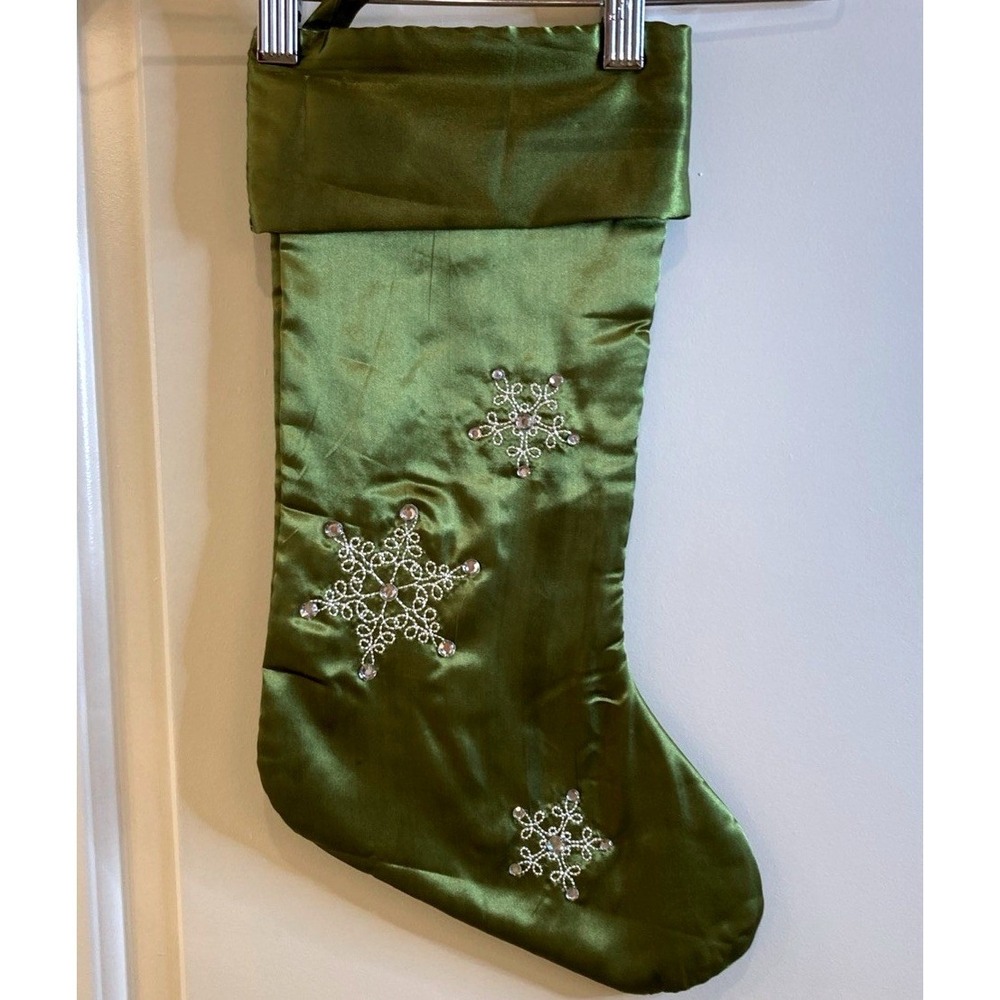 Green Satin Christmas Stocking With Embroidered Snowflakes Slightly Quilted